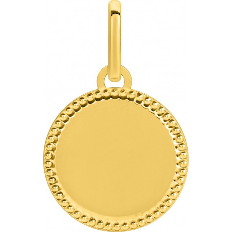 Plaque pendentif ronde en or jaune 750 millièmes bord perlé.