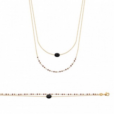 Bracelet en plaqué or double chaine , perles de Miyuki et Agathe noire.