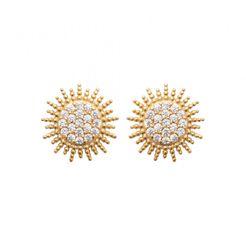 Boucles d'oreilles soleil et pavé d'oxydes de zirconium en plaqué or .diamètre 12 mm .